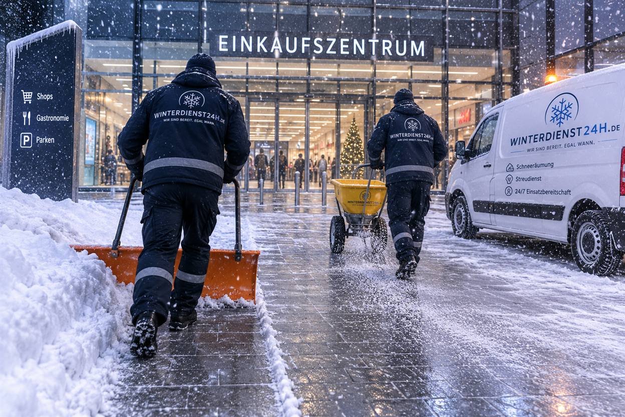 Winterdienst24h Team bei der Schneeräumung und beim Streuen vor einem Einkaufszentrum